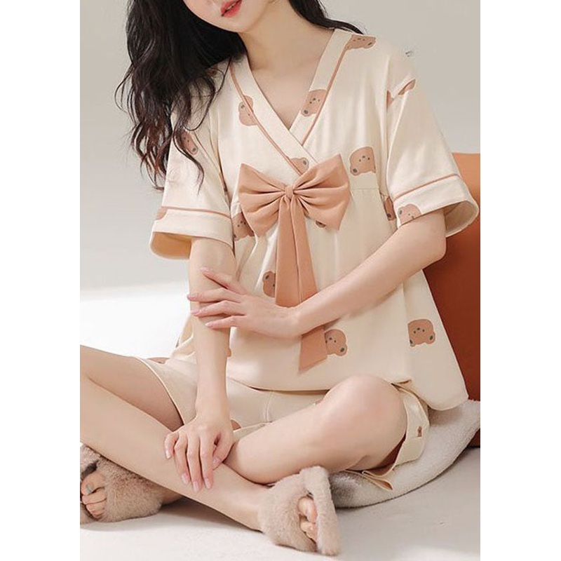 Organic Khaki V Neck Bow Patchwork Cotton Pajamas Two Pieces Set Summer