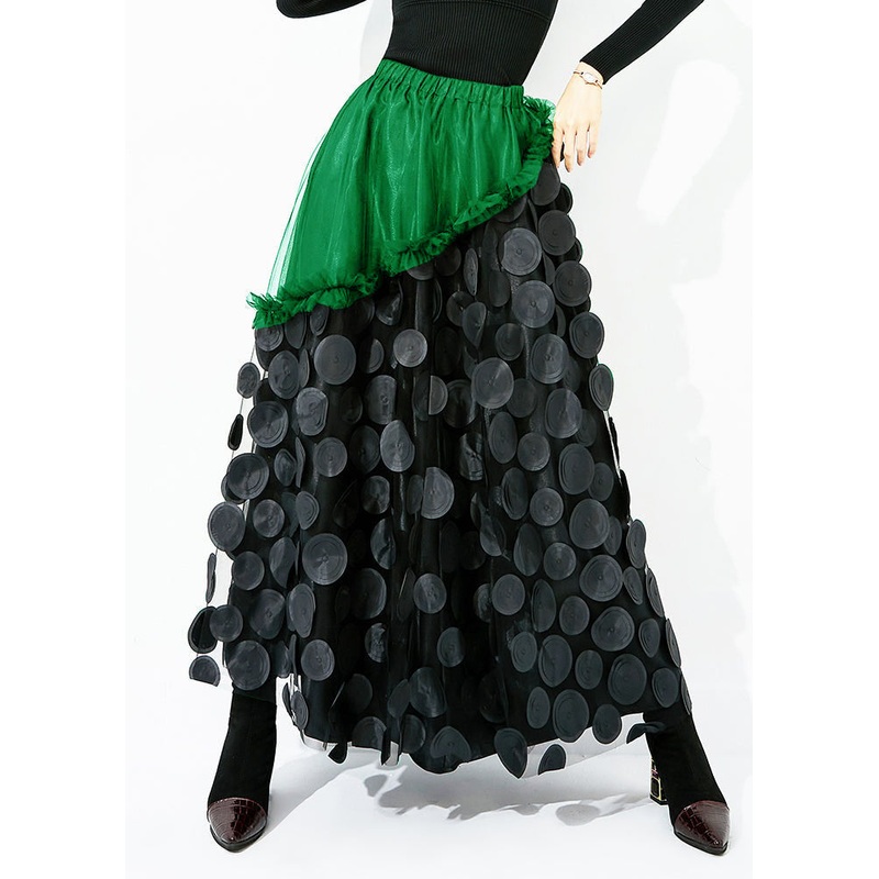 Original Design Green-Black Dot Elastic Waist Patchwork Wrinkled Tulle Skirt Summer