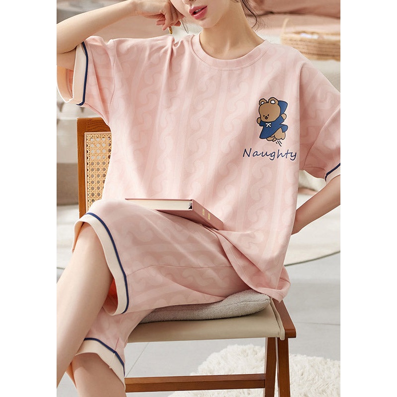 Pink V Neck Animal Print Cotton Pajamas Two Piece Set Short Sleeve