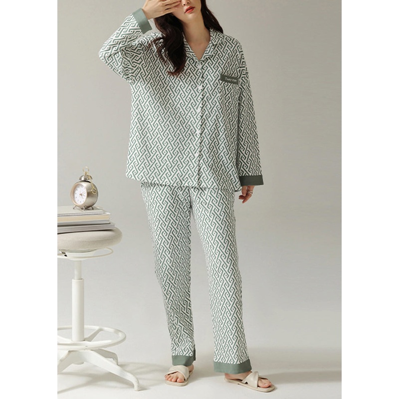 Plus Size Peter Pan Collar Print Cotton Pajamas Two Piece Set Outfits Spring