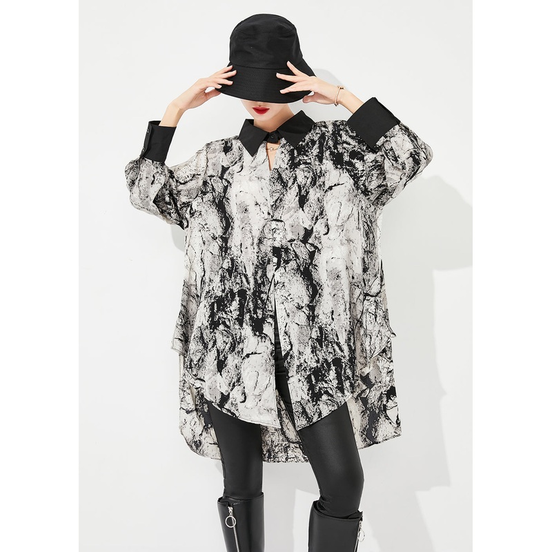 Plus Size White Peter Pan Collar Tie Dye Chiffon Long Shirts Spring