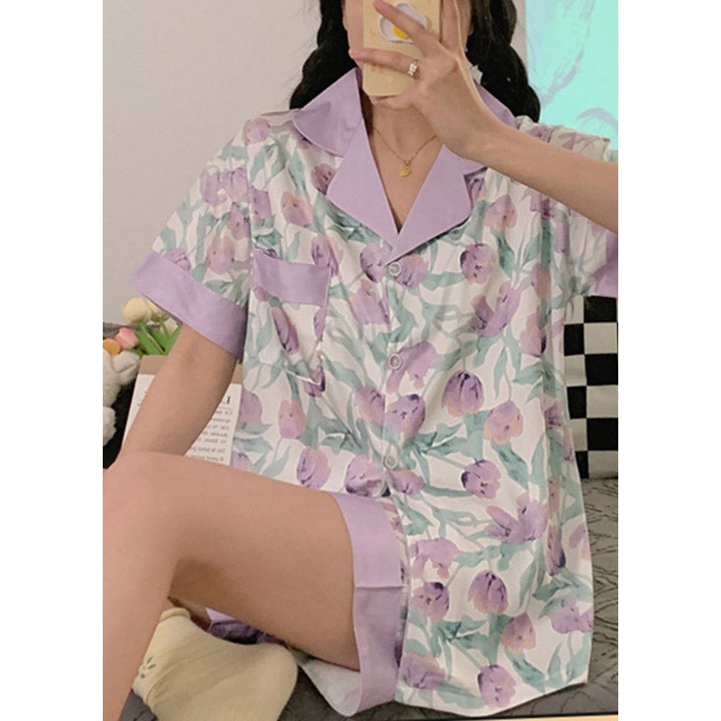 Purple Button Ice Silk Pajamas Two Piece Set Summer