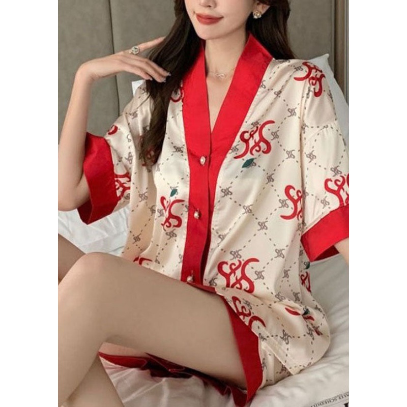 Red Print Patchwork Ice Silk Pajamas Two-Piece Set V Neck Summer