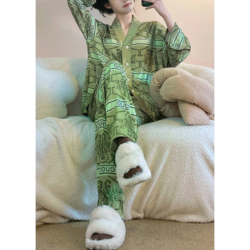 Sexy Green V Neck Print Button Ice Silk Pajamas Two Pieces Set Long Sleeve
