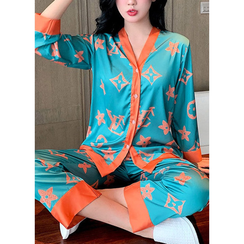 Sexy Green V Neck Print Ice Silk Pajamas Two Pieces Set Spring