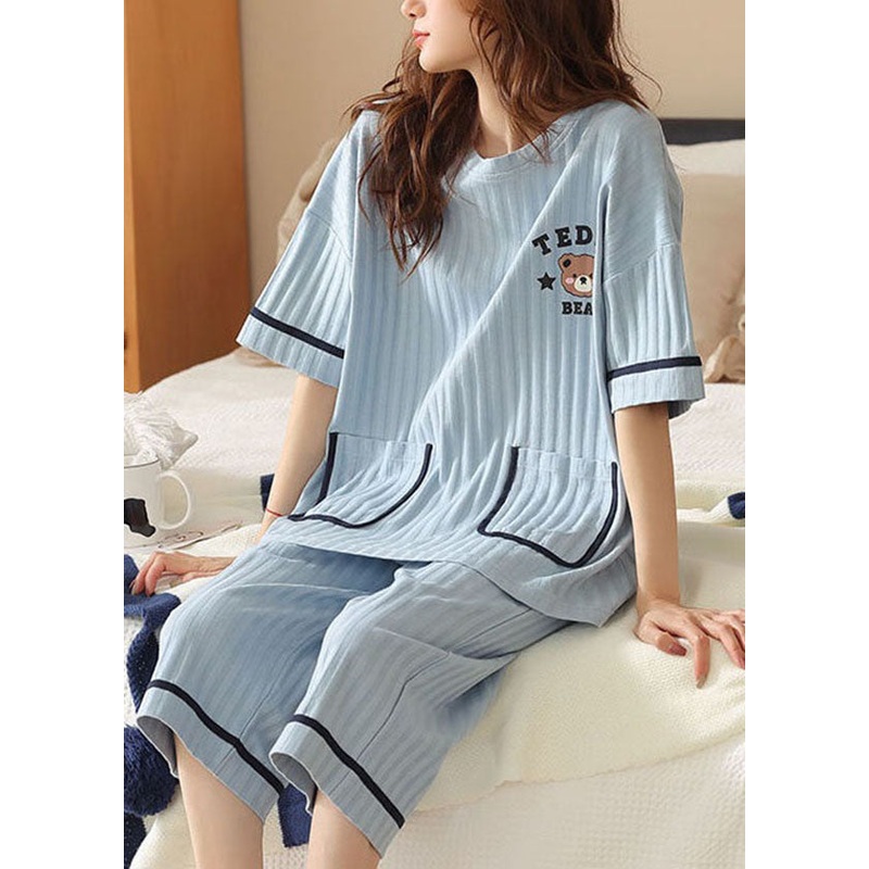 Simple Blue O-Neck Pockets Cotton Pajamas Two Pieces Set Summer