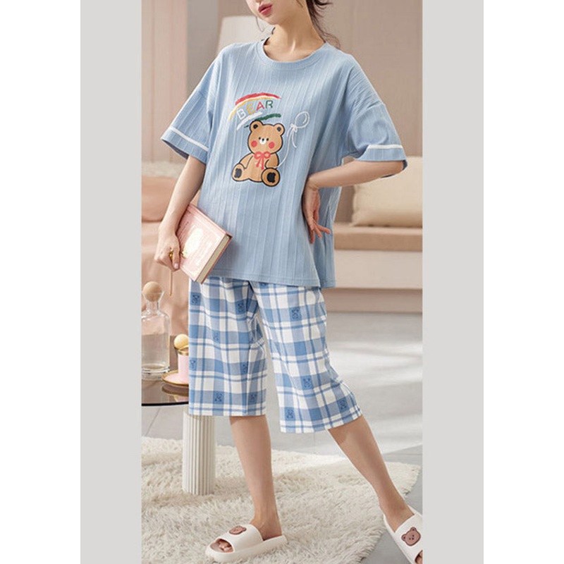 Simple Blue O-Neck Print Pajamas Two Piece Set Short Sleeve
