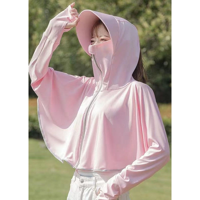 Simple Pink Hooded Zippered Patchwork Ice Silk UPF 50+ Coats Summer