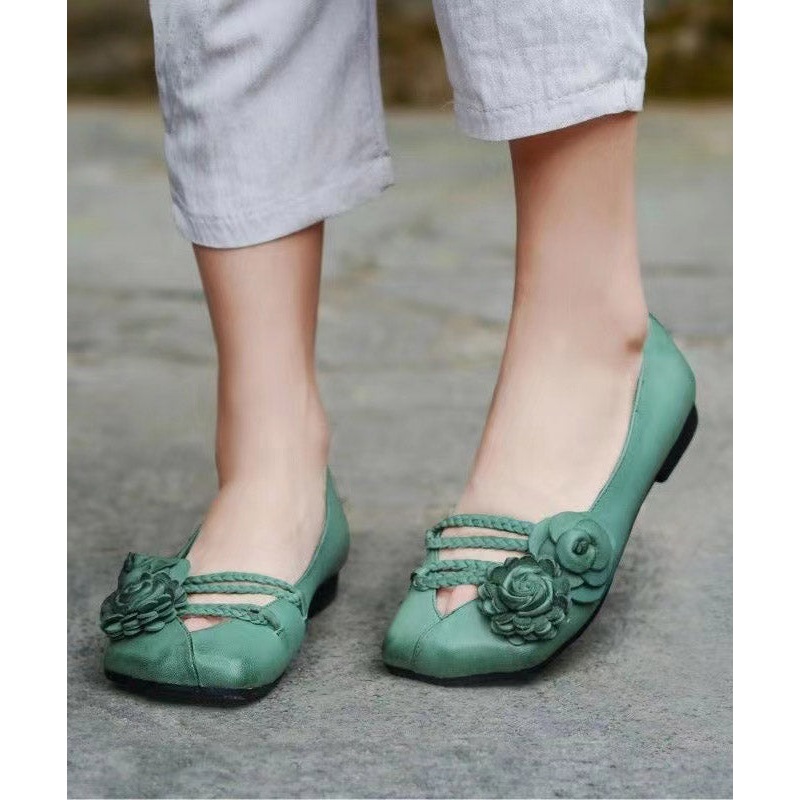 Soft Green Flower Cross Strap Leather Flat Shoes