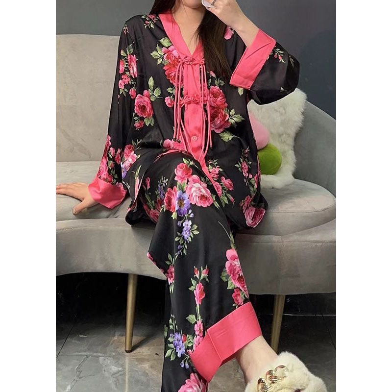 Style Black Tasseled Print Ice Silk Women Pajamas Sets 2 Pieces Spring