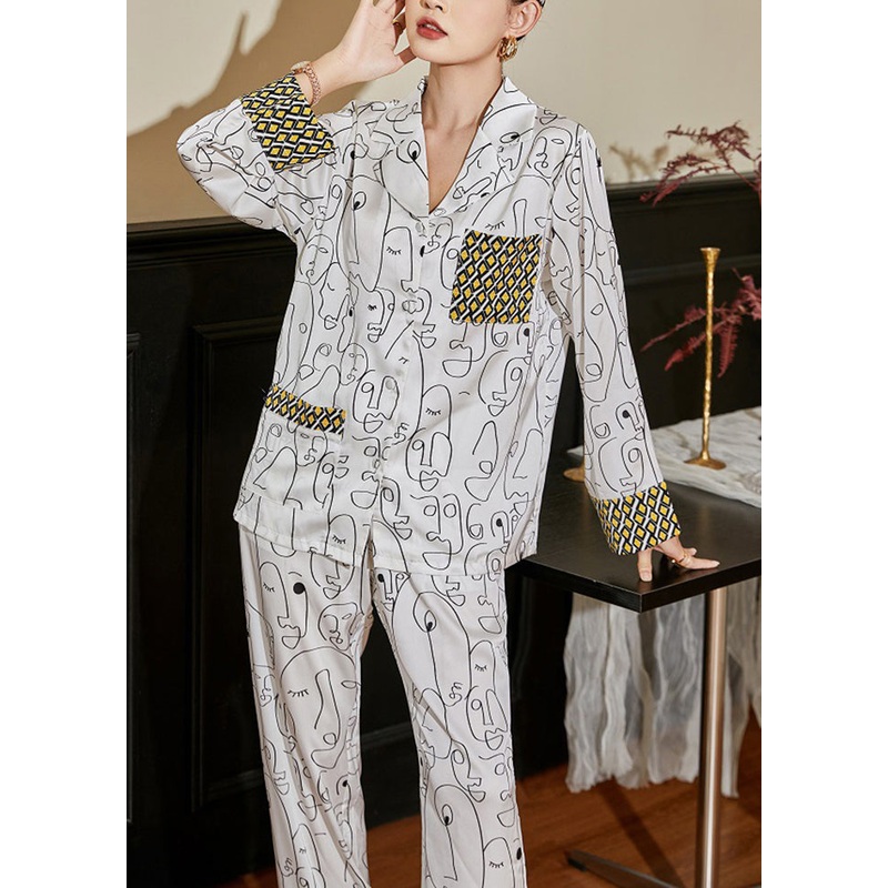 Style White Notched Collar Patchwork Print Ice Silk Pajamas Two Pieces Set Spring