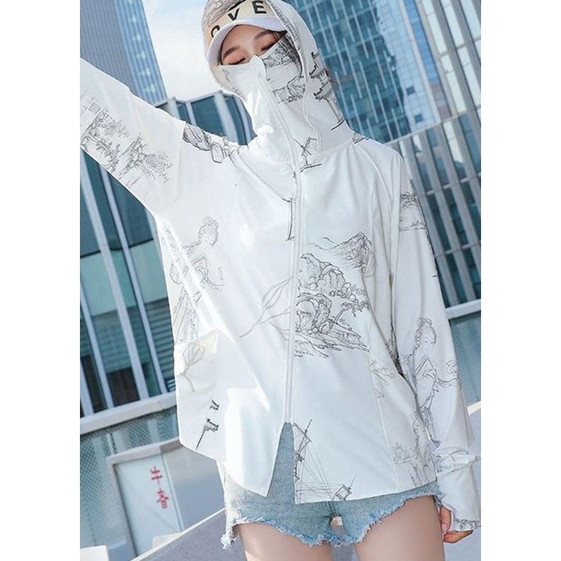 Style White Zip Up Pockets Print Patchwork Ice Silk UPF 50+ Coat Summer