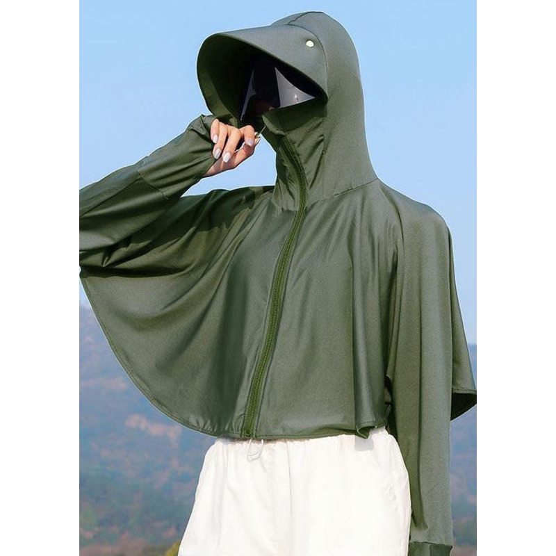 Stylish Army Green Hooded Zip Up Patchwork Ice Silk UPF 50+ Coat Summer