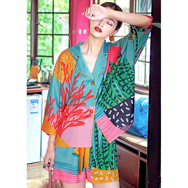 Stylish Blue Oversized Print Ice Silk Pajamas Two Piece Suit Set Summer