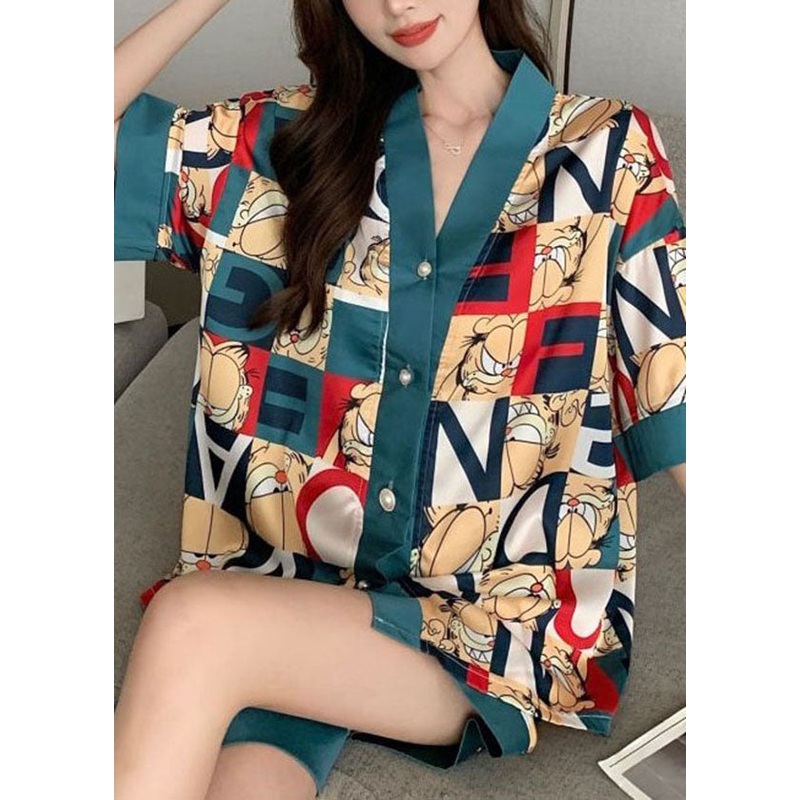 Stylish Blue V Neck Print Patchwork Ice Silk Two Piece Pajamas Summer