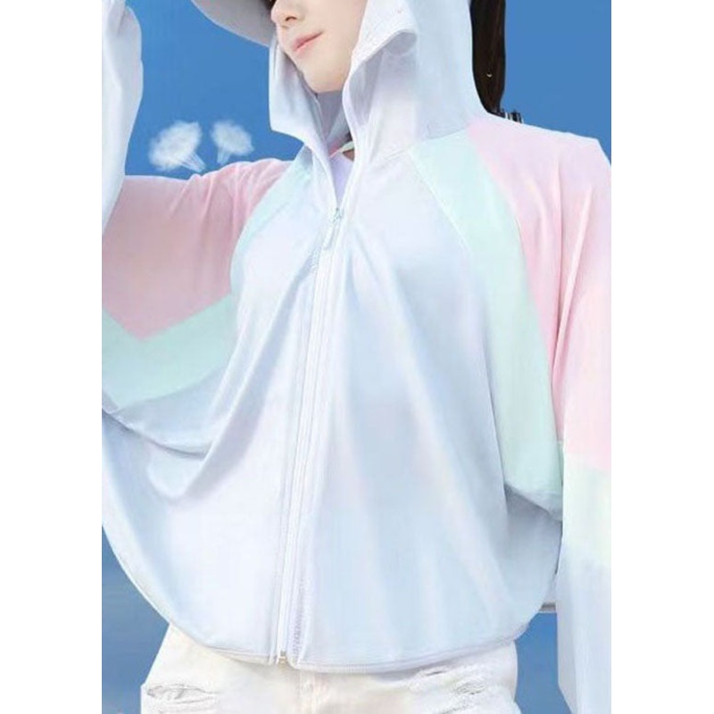 Stylish Light Purple Hooded Zippered Patchwork Ice Silk UPF 50+ Coat Summer