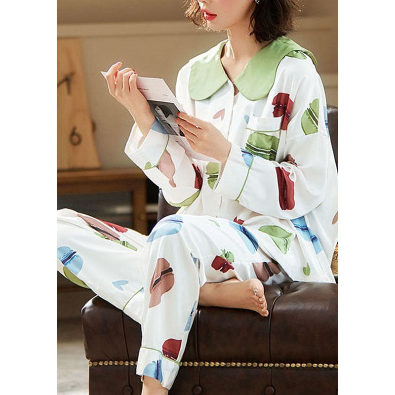 Stylish White Peter Pan Collar Print Ice Silk Pajamas Two Pieces Set Summer