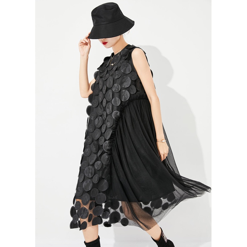 Unique Black Oversized Patchwork Tulle Holiday Dress Sleeveless