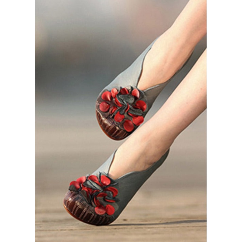 Unique Blue Cowhide Leather Shoes Flower Splicing Chunky High Heels
