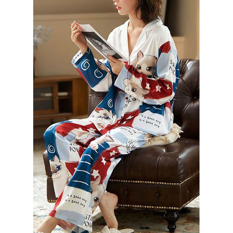 Unique Cartoon Cats Print Ice Silk Pajamas Two Pieces Set Summer