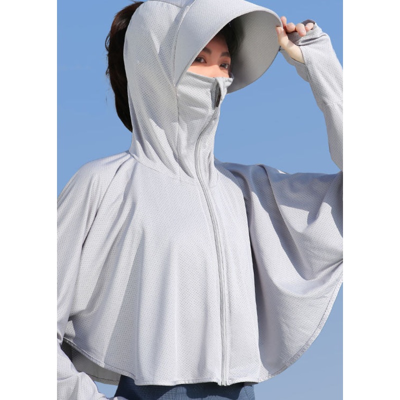 Unique Grey Hooded Zippered Patchwork Ice Silk UPF 50+ Coat Summer
