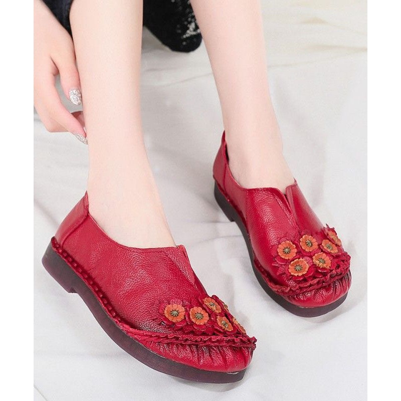 Unique Splicing Flat Shoes For Women Red Floral Cowhide Leather