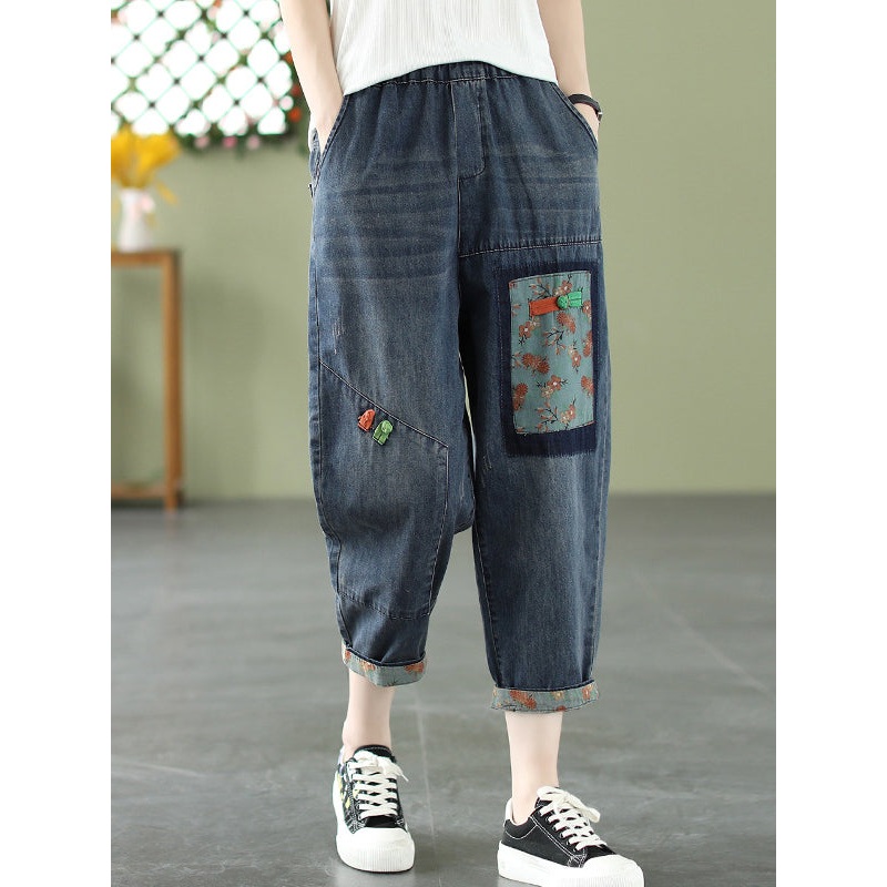 Vintage Artistic Retro Applique Denim Pants