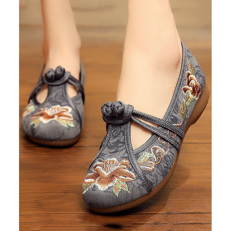 Vintage Embroidered Flat Shoes For Women Grey Cotton Fabric Chinese Button