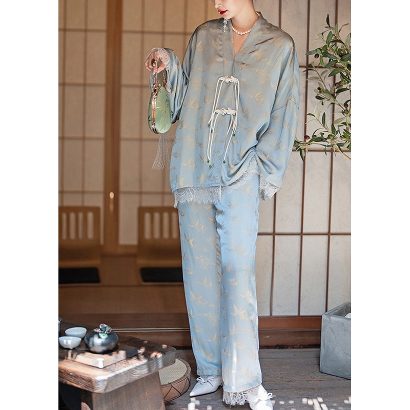 Vintage Light Blue Chinese Button Tassel Lace Patchwork Ice Silk Pajamas Two Piece Set Spring