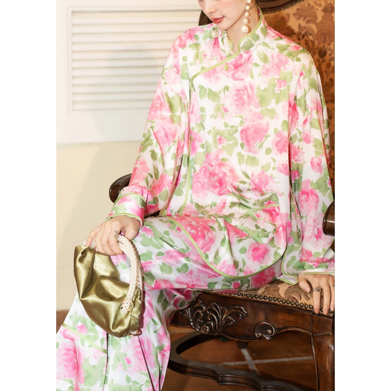 Vintage Pink Stand Collar Oversized Print Ice Silk Pajamas Two Pieces Set Spring