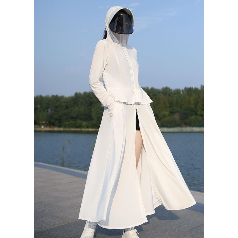 White Zippered Patchwork Ice Silk Long UPF 50+ Coat Hooded Summer