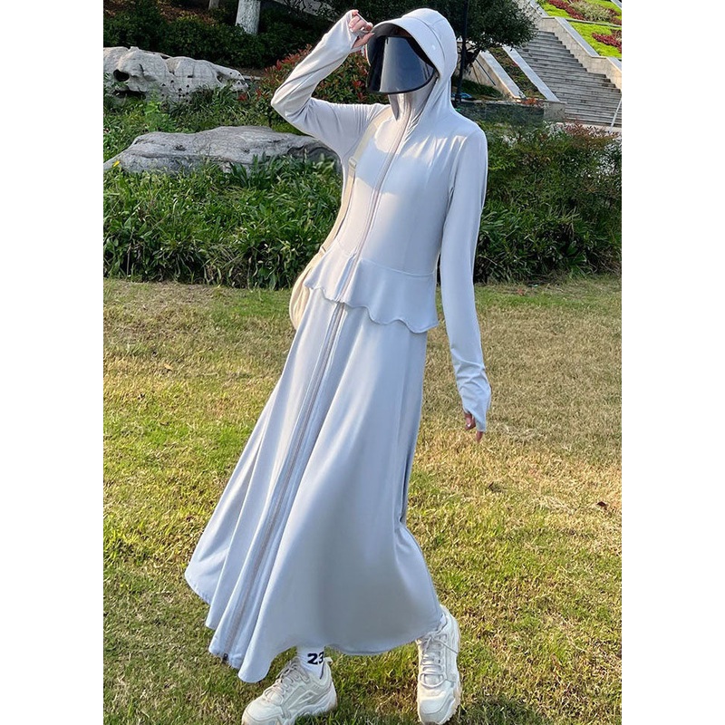 Women Baby Blue Hooded Patchwork Ice Silk Long UPF 50+ Coat Summer