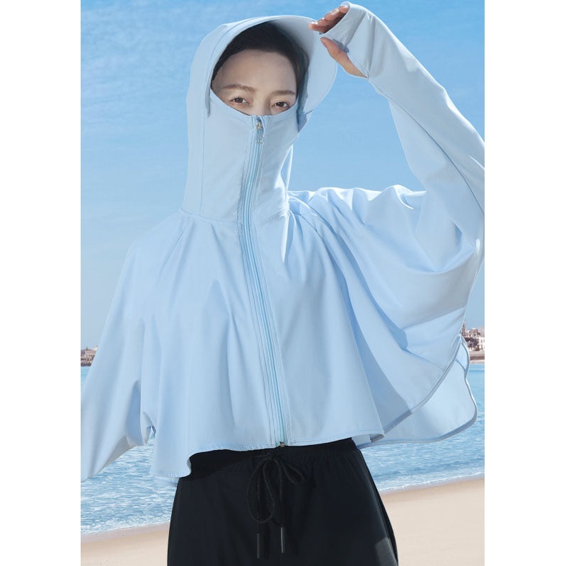Women Baby Blue Hooded Zip Up Patchwork Ice Silk UPF 50+ Coats Summer