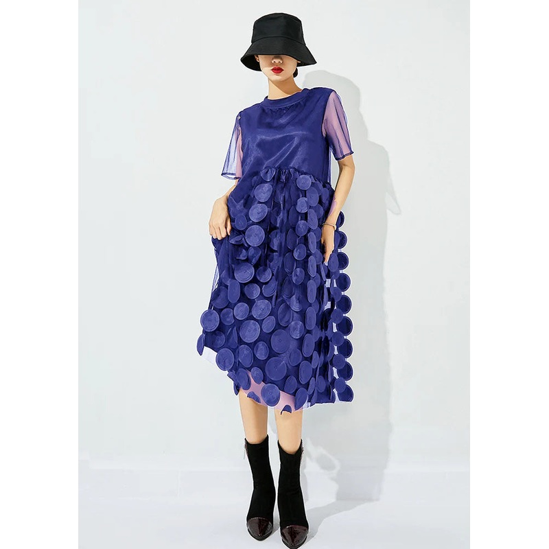 Women Blue  O-Neck Patchwork Dot Tulle Holiday Dress Summer