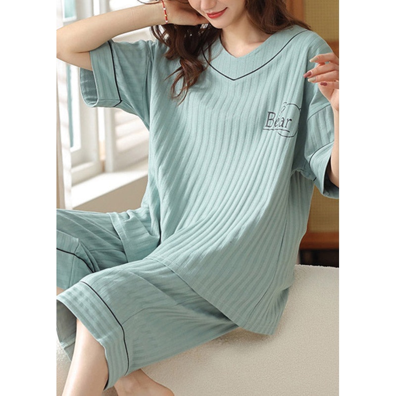 Women Blue V Neck Graphic Solid Cotton Pajamas Two Piece Set Short Sleeve