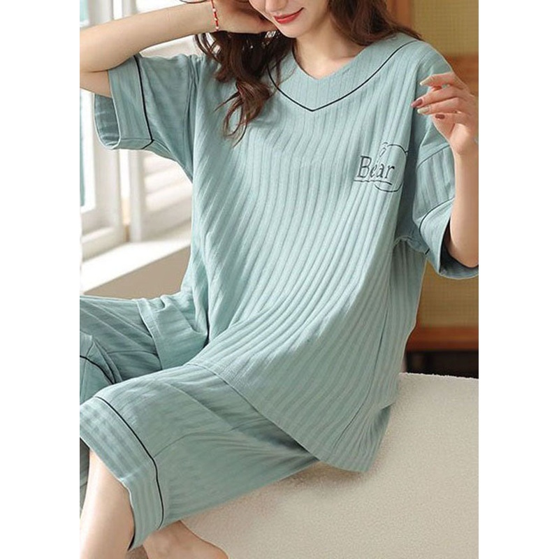 Women Blue V Neck Patchwork Cotton Pajamas Two Piece Set Summer