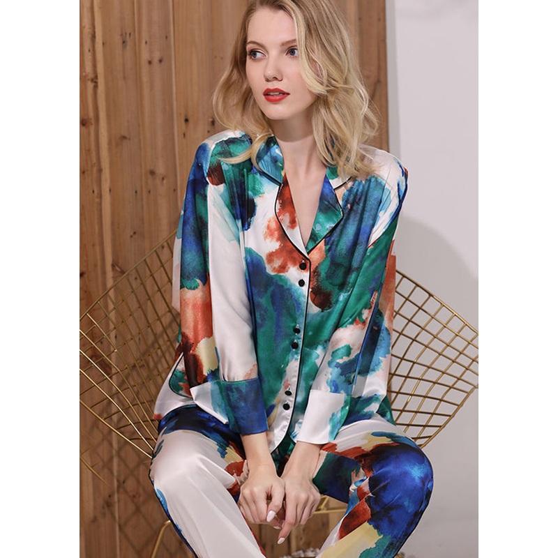 Women Green Oversized Tie Dye Ice Silk Pajamas Two Pieces Set Summer