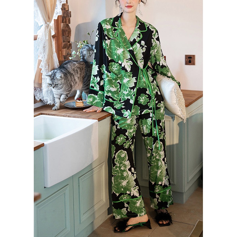 Women Green Print Tie Waist Pocket Ice Silk Pajamas Two Pieces Set Spring