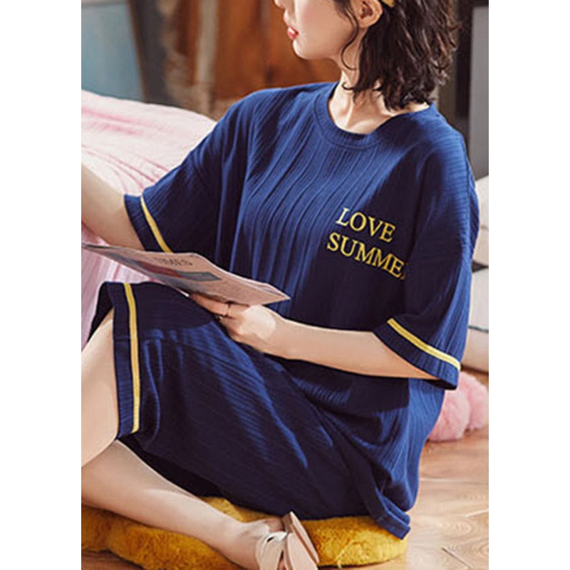 Women Navy Blue O-Neck Graphic Pajamas Two Pieces Set Short Sleeve