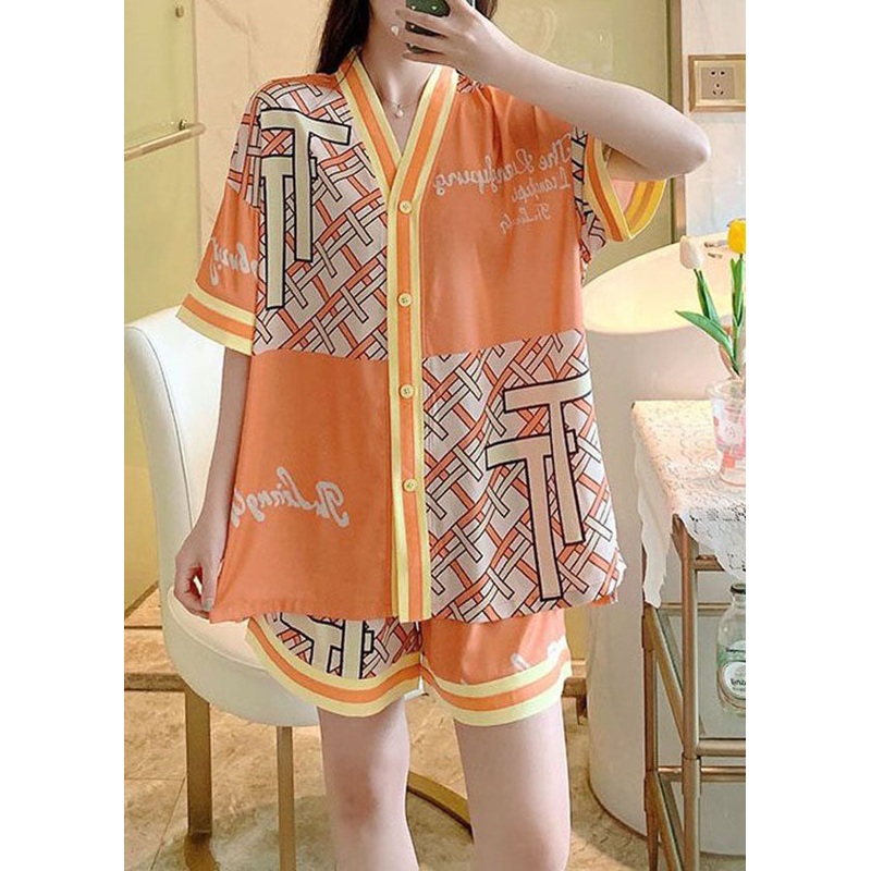 Women Orange V Neck Patchwork Print Ice Silk Pajamas Two Piece Set Summer
