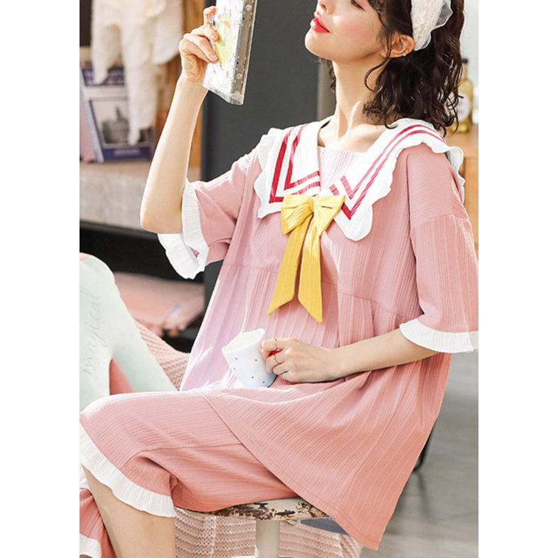 Women Pink Sailor Collar Bow Cotton Pajamas Two Pieces Set Short Sleeve