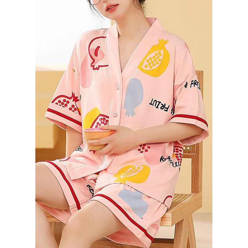 Women Pink V Neck Print Cotton Two Pieces Set Pajamas Summer