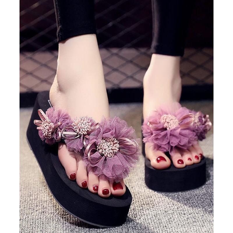 Women Purple Floral Holiday Wedge Slide Sandals For Women
