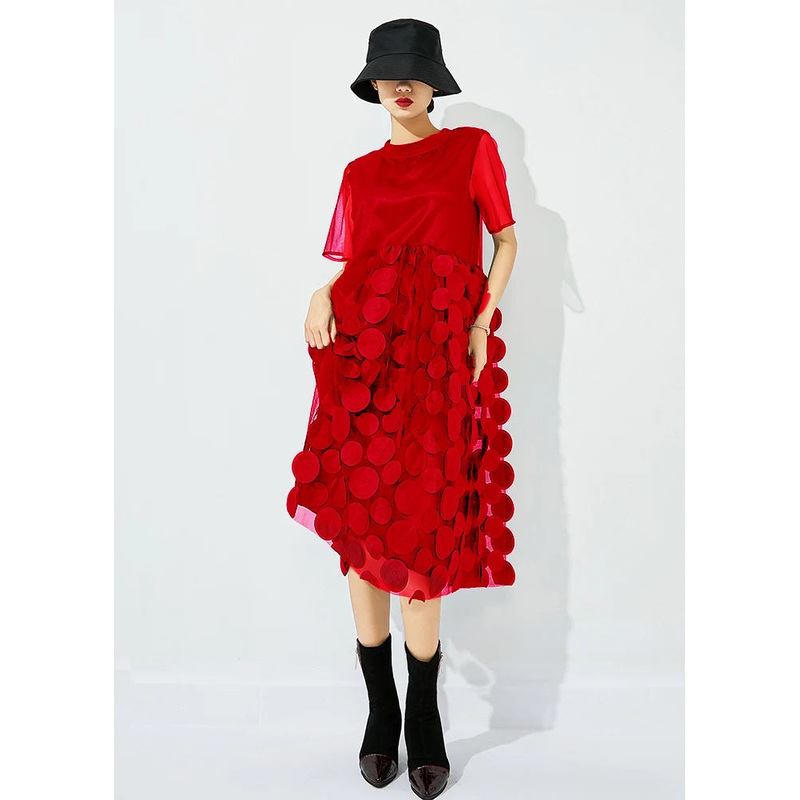 Women Red O-Neck Patchwork Dot Tulle Holiday Dress Summer