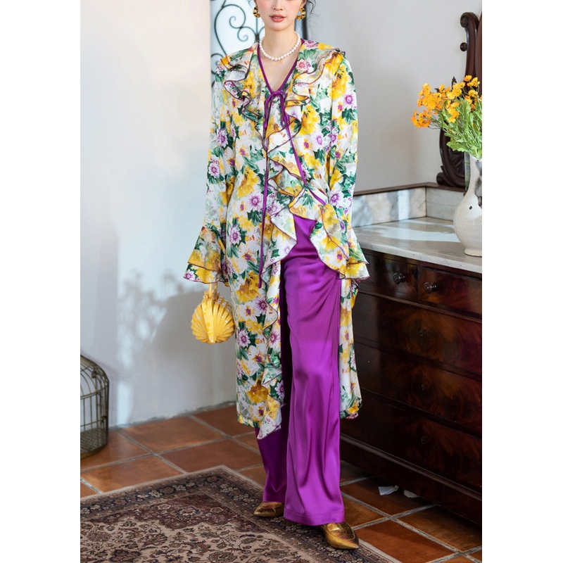 Women Ruffles Print Lace Up Ice Silk Robe Two Pieces Set Flare Sleeve