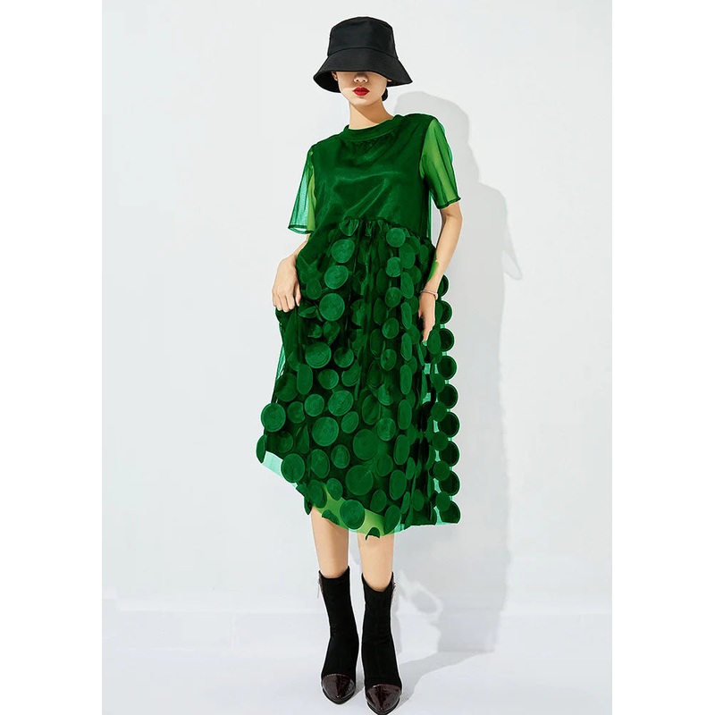 Women Tea Green O-Neck Patchwork Dot Tulle Holiday Dress Summer