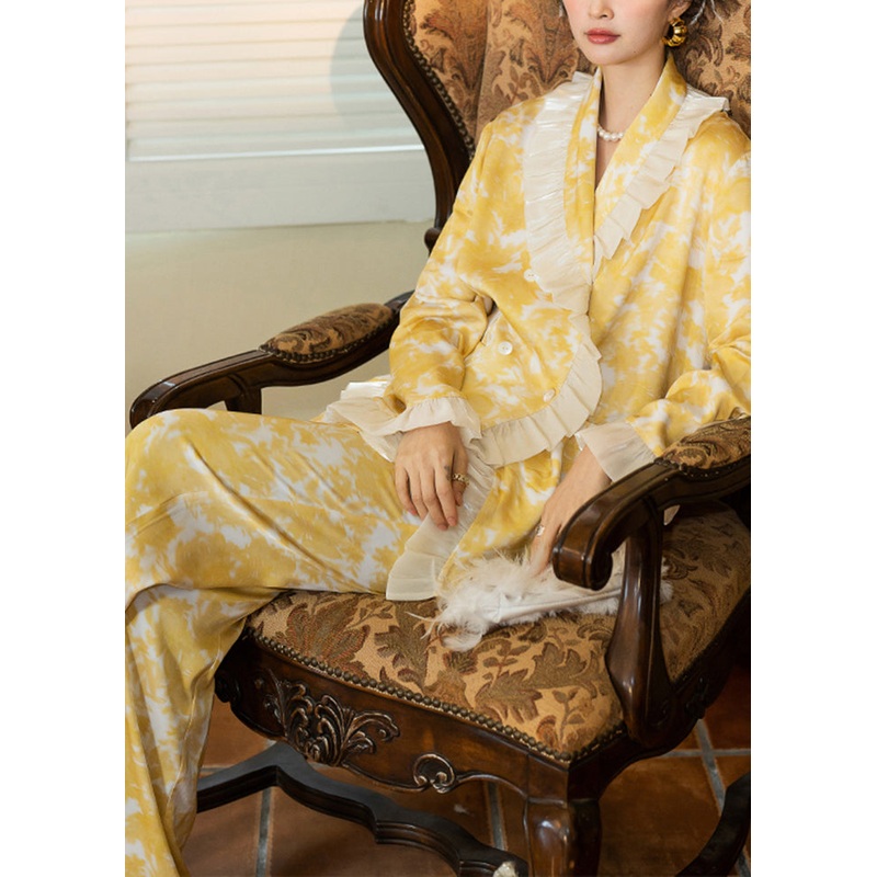 Women Yellow Ruffled Patchwork Ice Silk Pajamas Women Sets 2 Pieces Spring