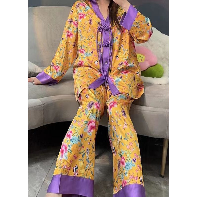 Yellow Print Patchwork Ice Silk Pajamas Two Pieces Set Button Long Sleeve
