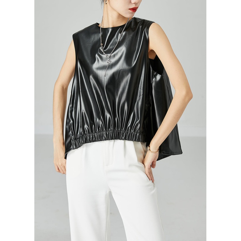 Art Black Oversized Cinched Side Open Sheepskin Vests Sleeveless