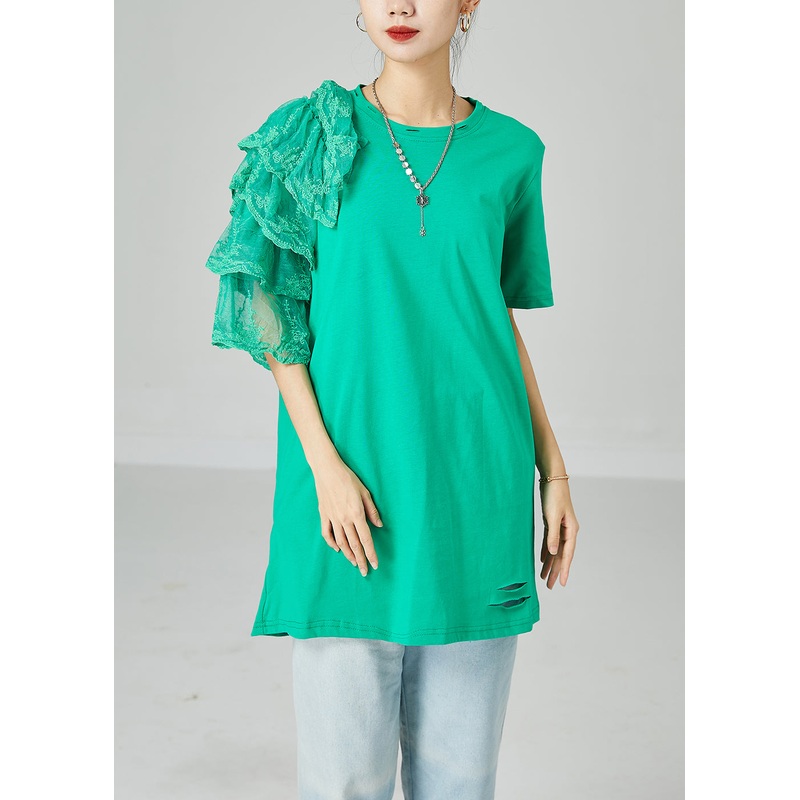 Art Green Asymmetrical Patchwork Cotton Ripped Long Tops Summer